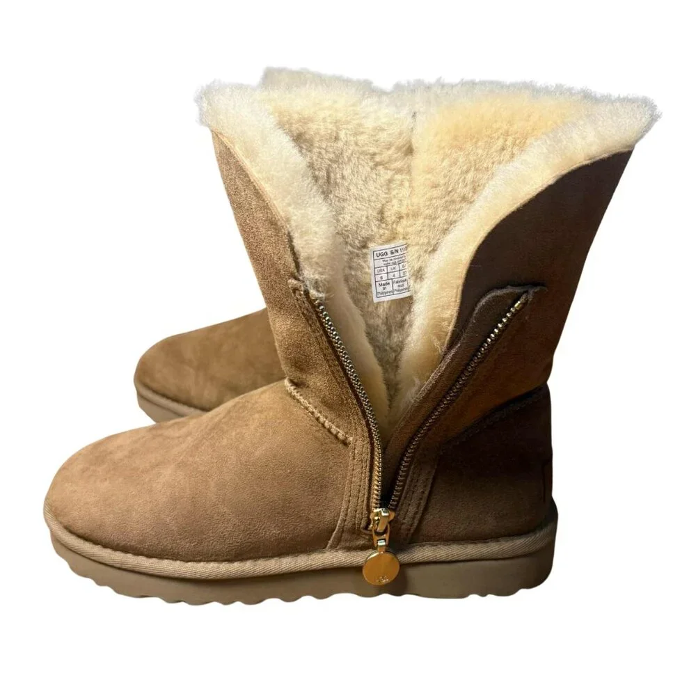 UGG Classic Short Bailey Zip Boots Chestnut Womens 6 Sheepskin Suede Winter
